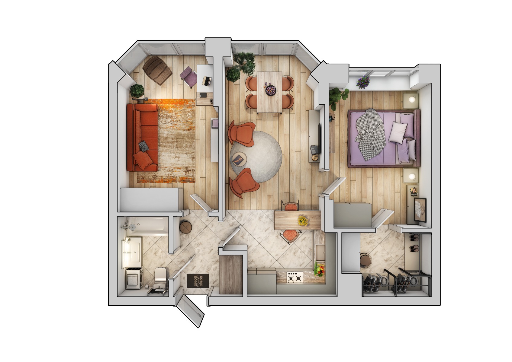 Overhead, 2D view of a home's interior through home design software