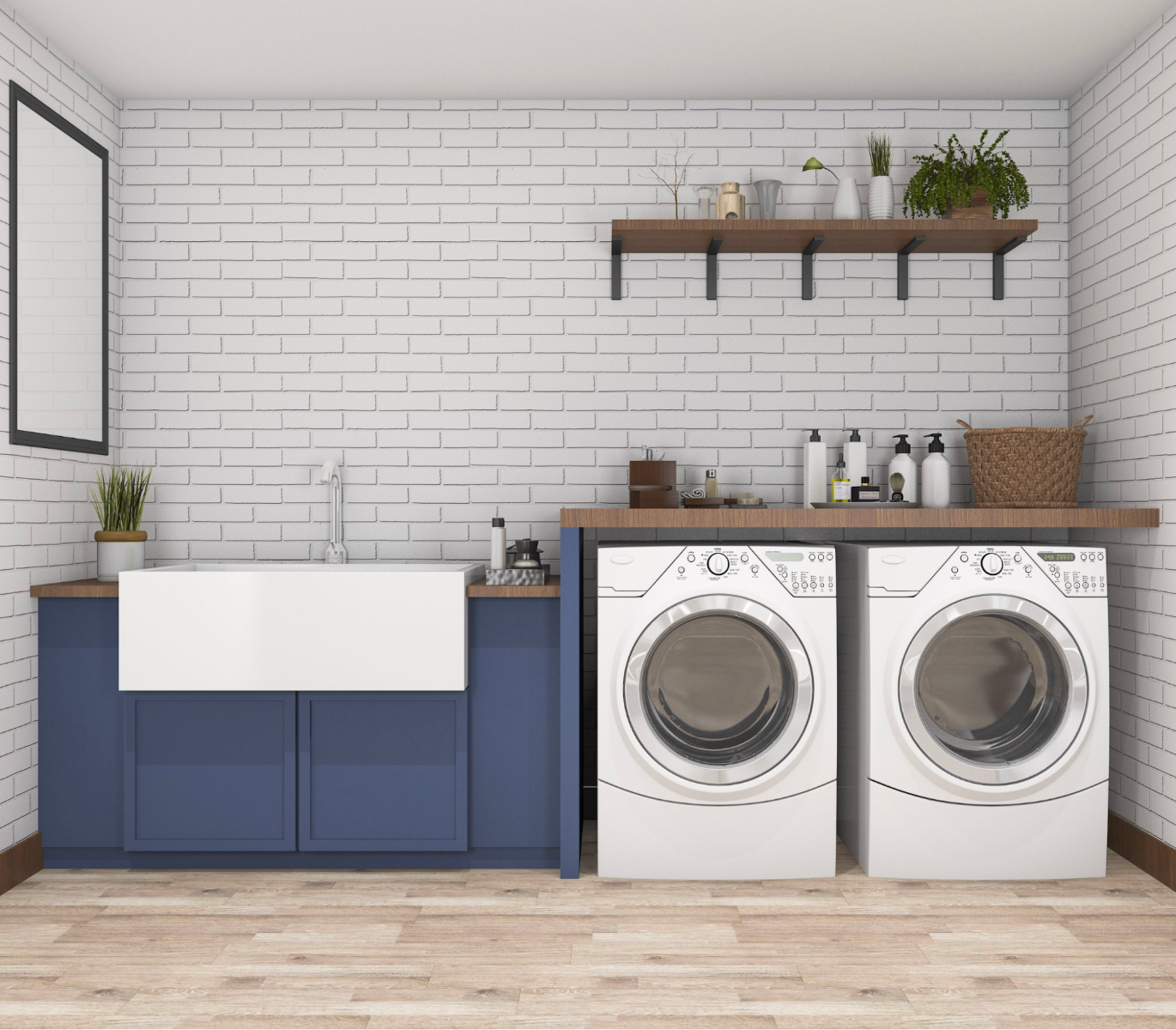 Small laundry room with side by side washer and dryer, blue vanity and white-coloured brick wall