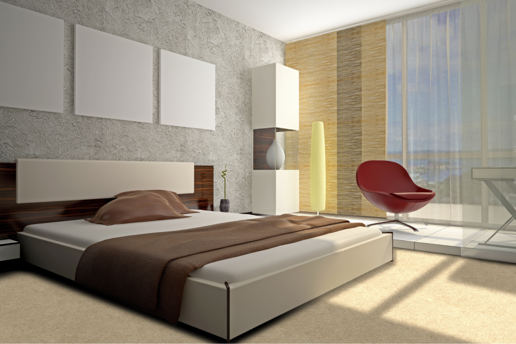 Bed with wooden headboard, brown pillows and comforter and neutral tones on the walls, floor and ceiling