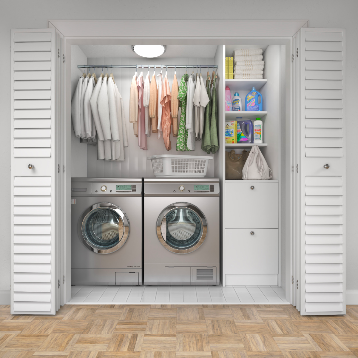 Small laundry room with washer and dryer side by side, hanging clothes above the appliances and detergents on shelving, enclosed by panelled doors