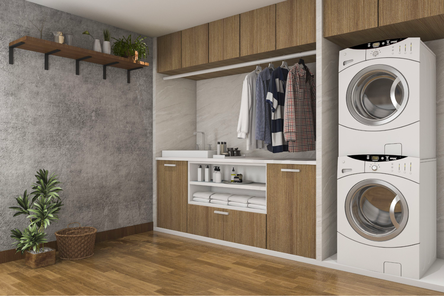 Small laundry room with stacked washer and dryer 