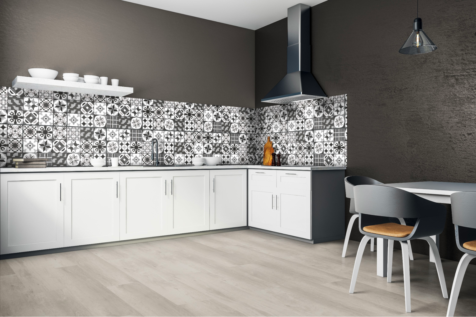L-shaped kitchen with grey timber flooring, white cabinets and a black-and-white patterned wall covering.